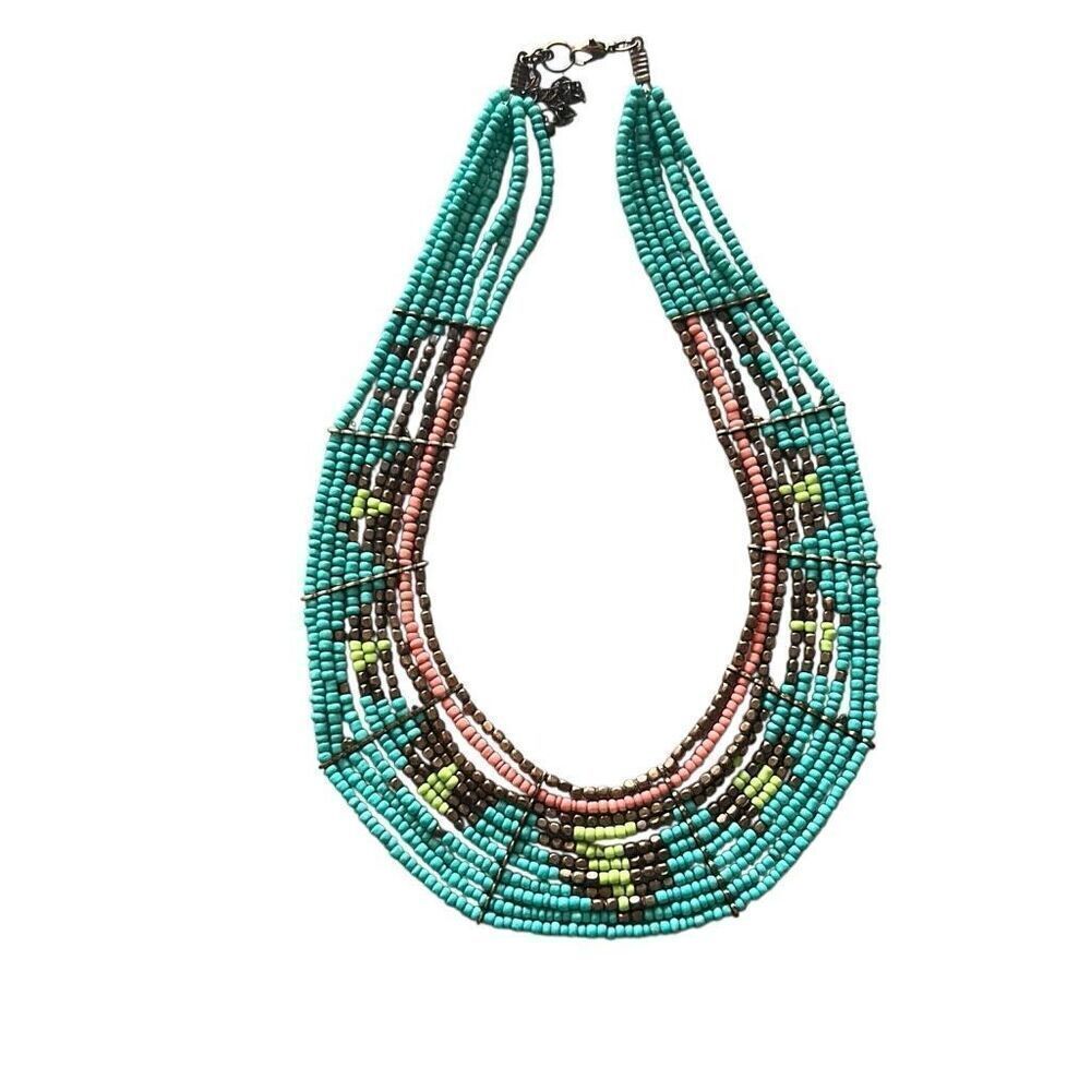 Vintage Boho Tribal Beaded Collar Bib Necklace Multi Strand Seed Beads Southwest